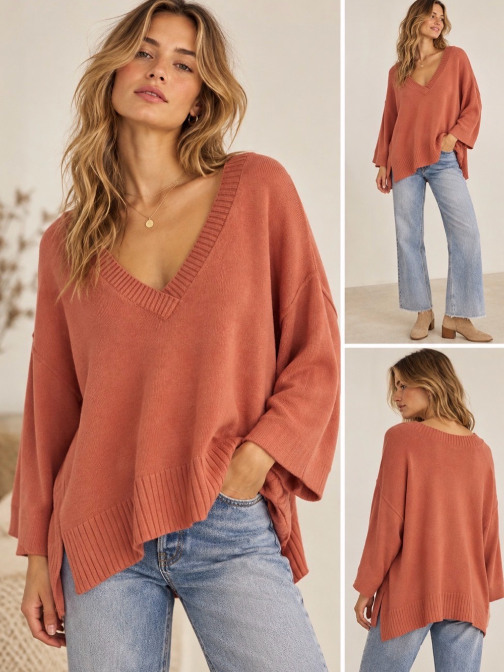208. Free People Rust V-Neck Oversized Sweater